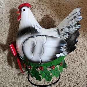 Metal Christmas Rooster Figurine with White Glitter Snow, Red and Green Accents